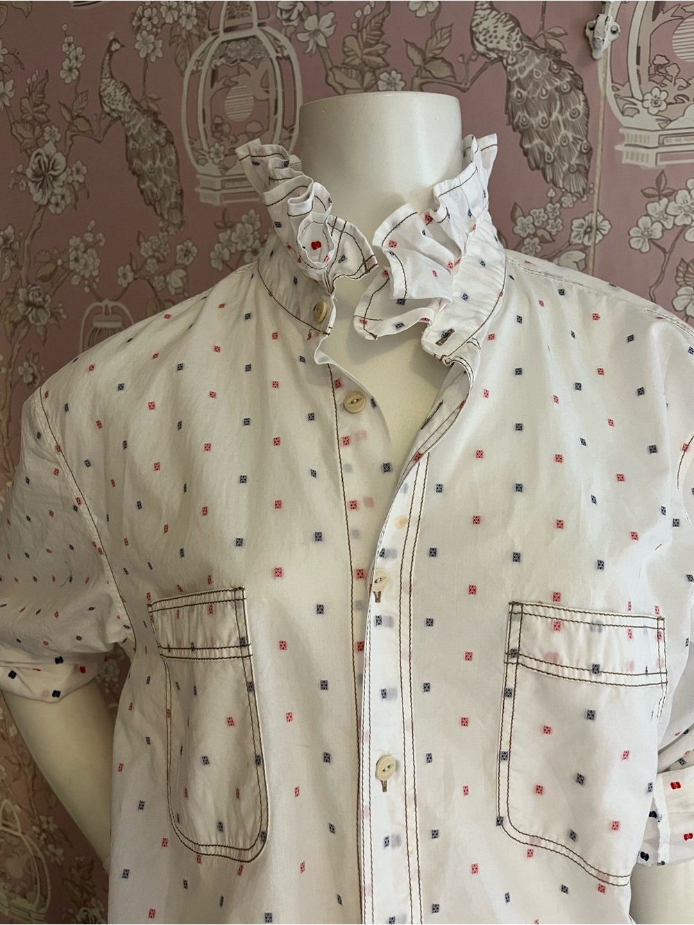 Upcycled men’s shirt ruffle collar , white with red and blue dots